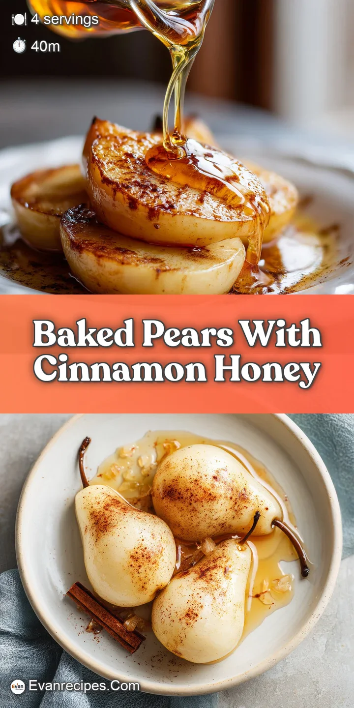 Close-up of a juicy baked pear, its skin wrinkled and glistening with warm honey-cinnamon glaze, hints of steam rising fro...