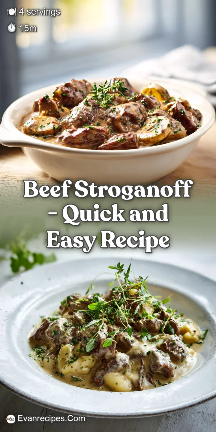 Close-up of succulent beef pieces and earthy mushrooms bathed in velvety, pale brown stroganoff sauce.