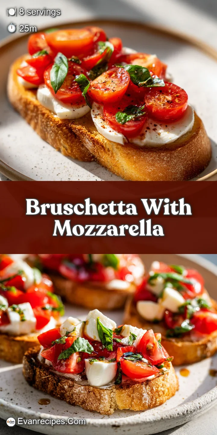 Close-up of bruschetta showing melted mozzarella, juicy tomato chunks, and vibrant basil on golden, crusty toasted bread.