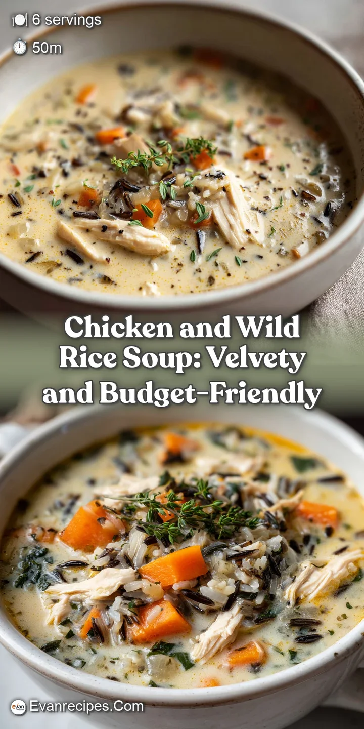 Close-up of chicken and wild rice soup highlighting the tender chicken, plump rice, and rich, creamy broth.