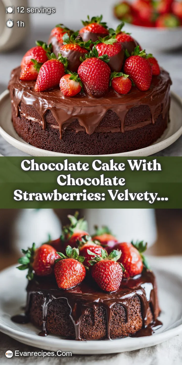 Close-up of a moist chocolate cake slice showing decadent ganache and dipped strawberry, glistening with melted dark choco...