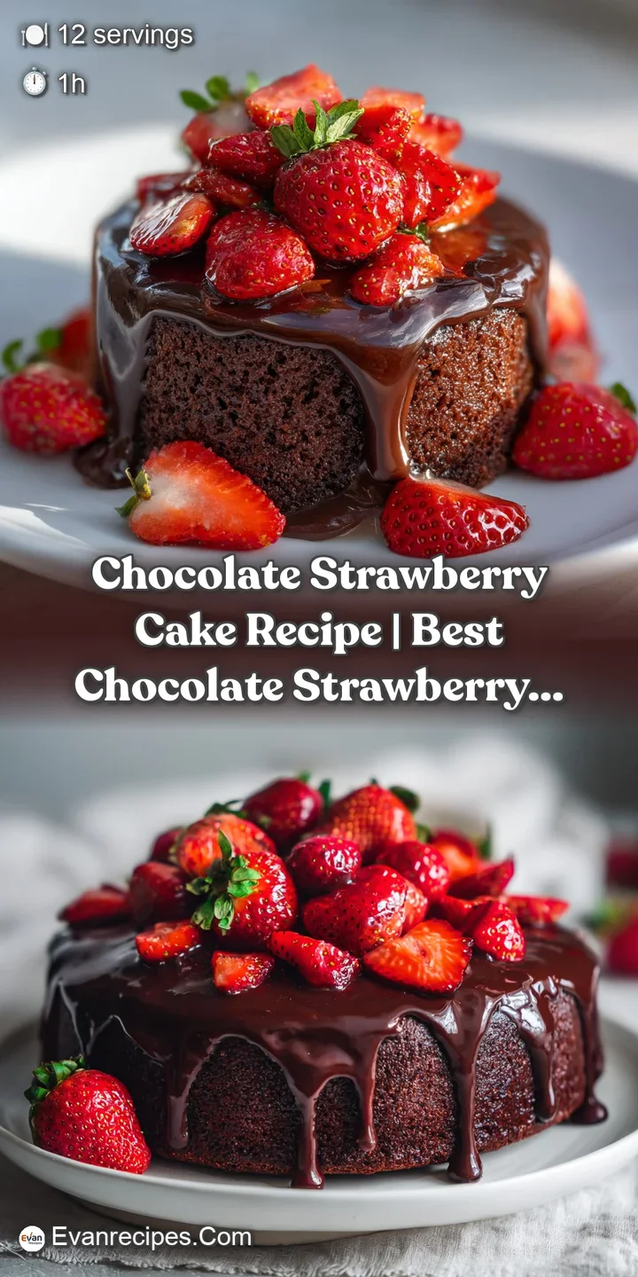 Close-up showcases moist chocolate cake, juicy red strawberries, and a luscious swirl of whipped cream frosting.