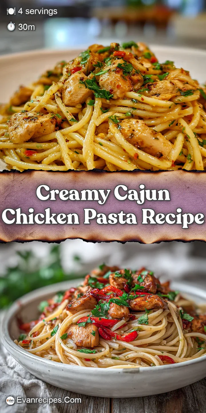 Close-up of glistening Cajun chicken and penne pasta coated in a rich, creamy sauce with colorful flecks of spice.
