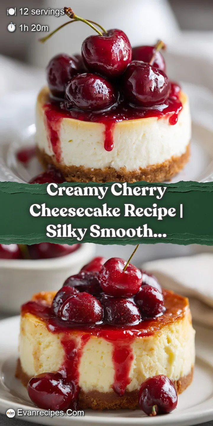 Close-up of glistening cherries atop a smooth cheesecake, with visible graham cracker crumbs and a rich, creamy texture fi...