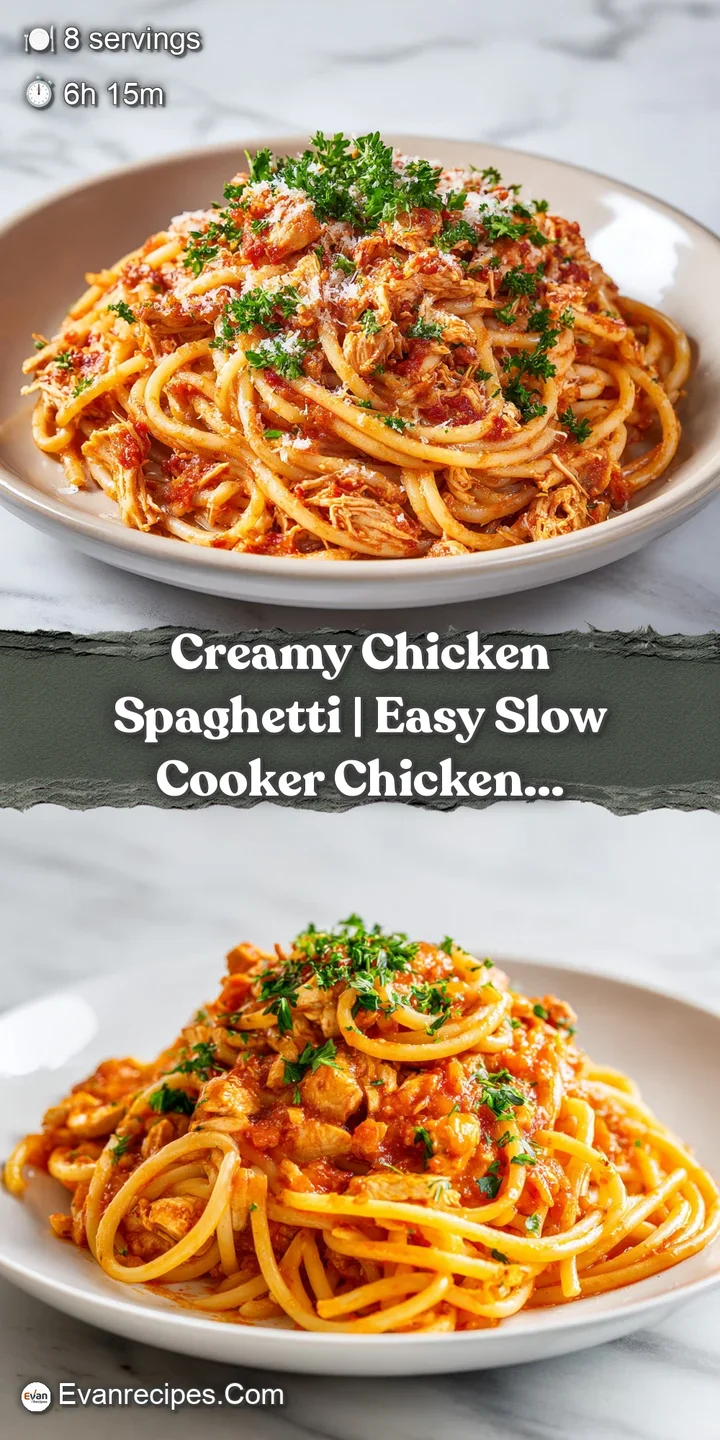 Close-up of perfectly cooked spaghetti coated in a rich, creamy sauce with shreds of chicken visible.