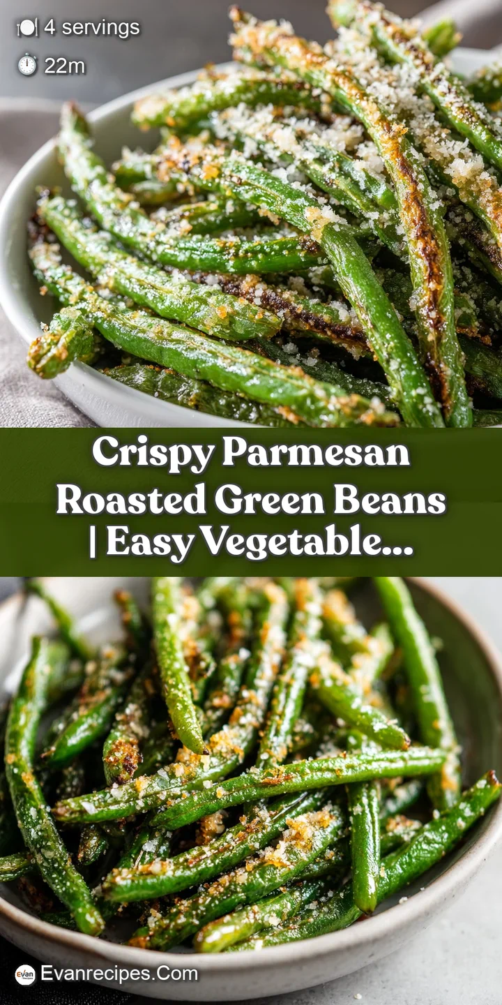 Close-up of tender-crisp green beans with a shimmering, golden-brown Parmesan crust.