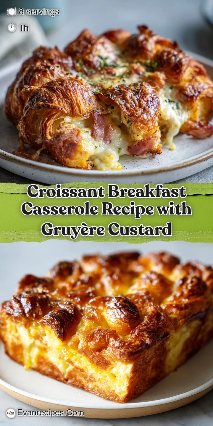 Close-up shot reveals the golden crust and soft interior of a croissant bake, dotted with glistening bits of browned sausa...