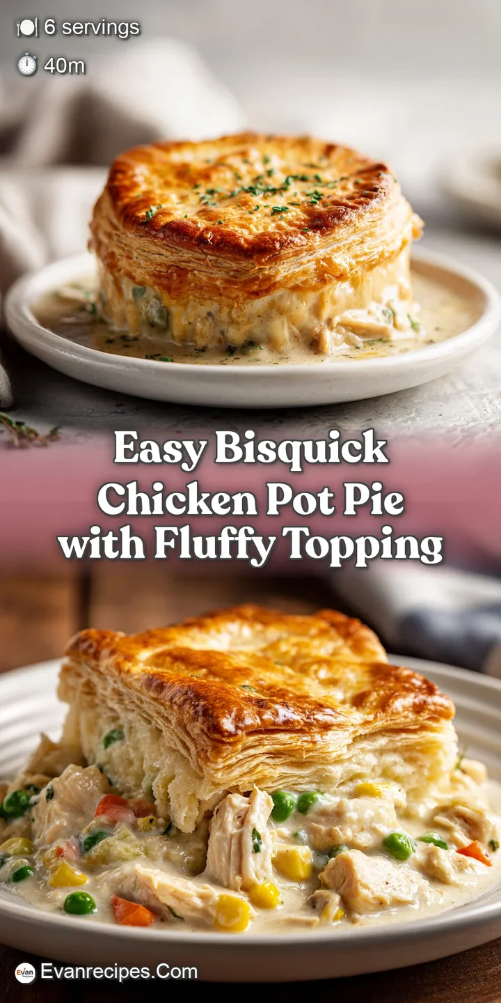 Close-up of a steaming, creamy chicken pot pie filling with visible chunks of chicken, carrots, and peas under a golden cr...