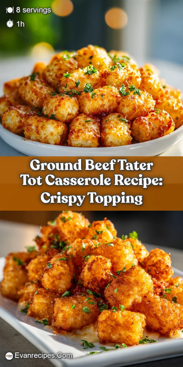 Close-up shot of bubbly, golden tater tot casserole with visible layers and a rich, cheesy interior.