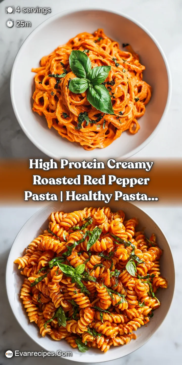 Close-up of tender pasta coated in a rich, red pepper sauce, adorned with bright green basil leaves.