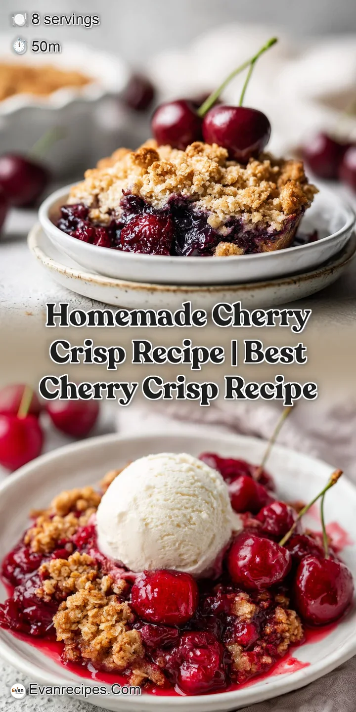 Up-close shot of a cherry crisp, highlighting the syrupy, glistening baked cherries peeking through the golden-brown oat t...