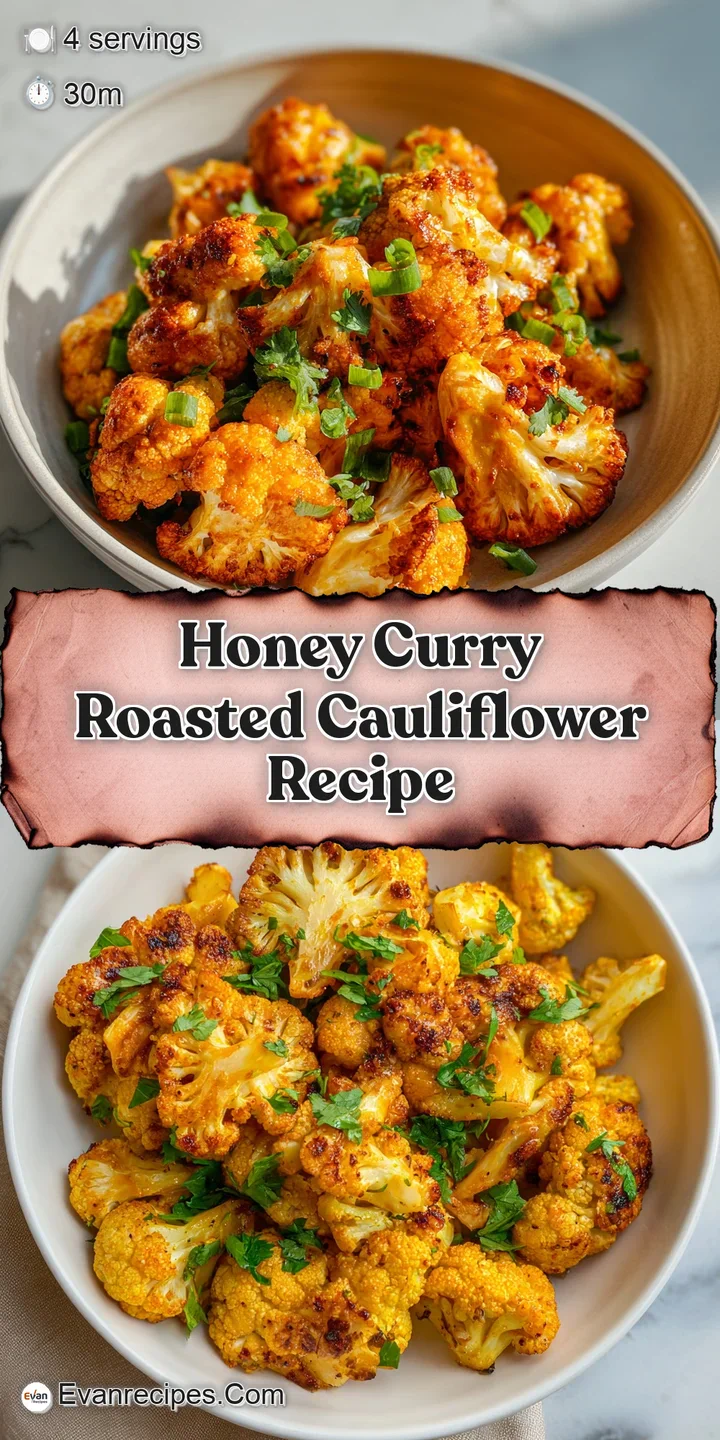 Close-up captures the caramelized edges of honey-curry roasted cauliflower, highlighting the vibrant colors and enticing s...