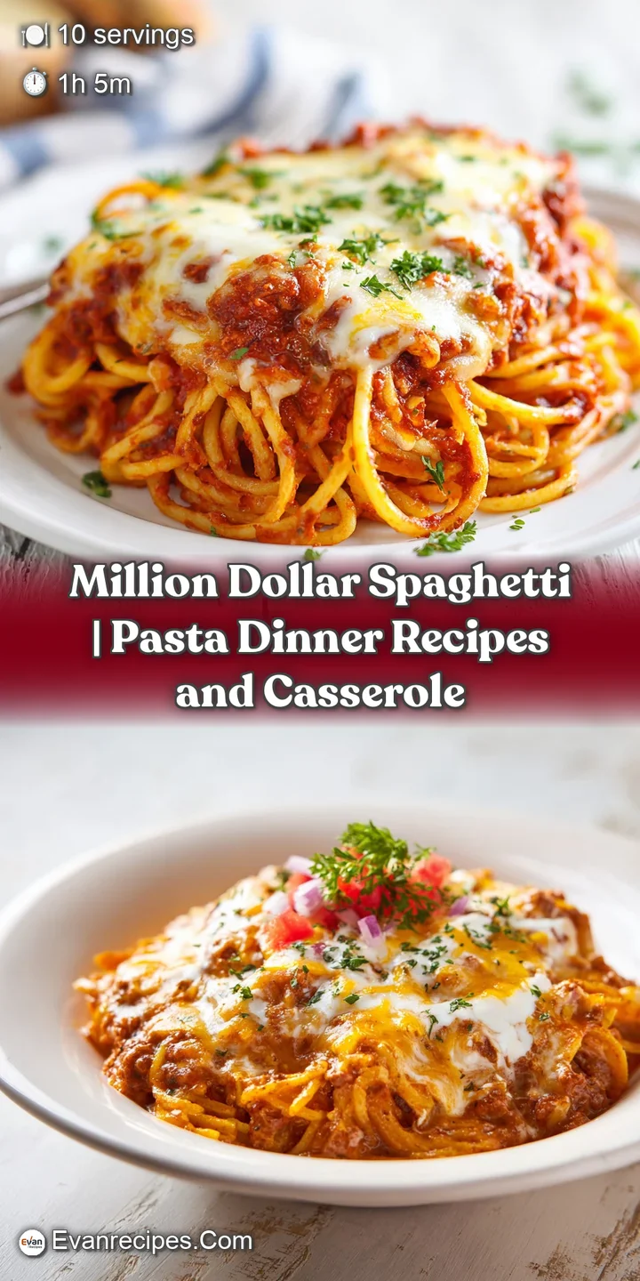 Golden-brown, bubbling cheese blankets a rich, saucy spaghetti bake with visible meat sauce and creamy pasta strands.