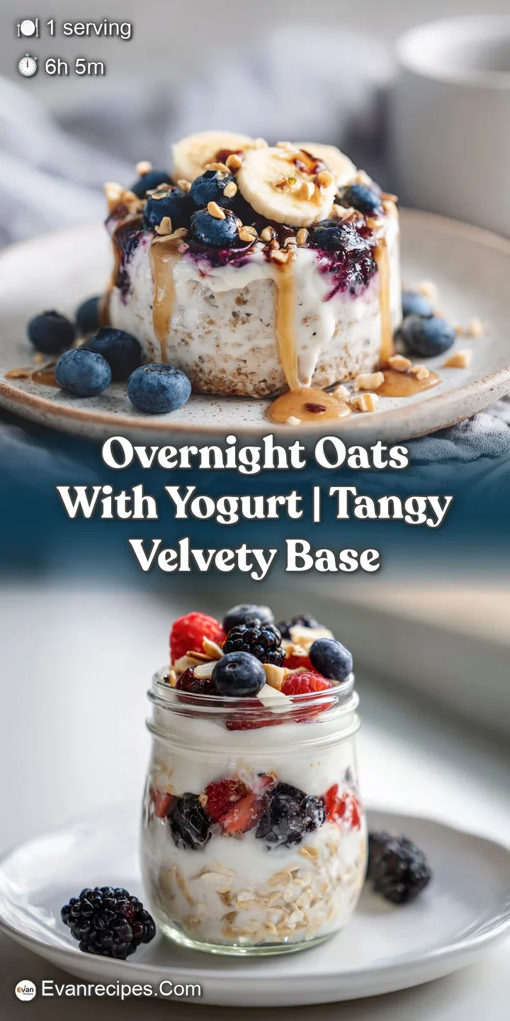 Close-up of chilled overnight oats: soft, plump oats and juicy berries peek through a swirl of thick, tangy yogurt.