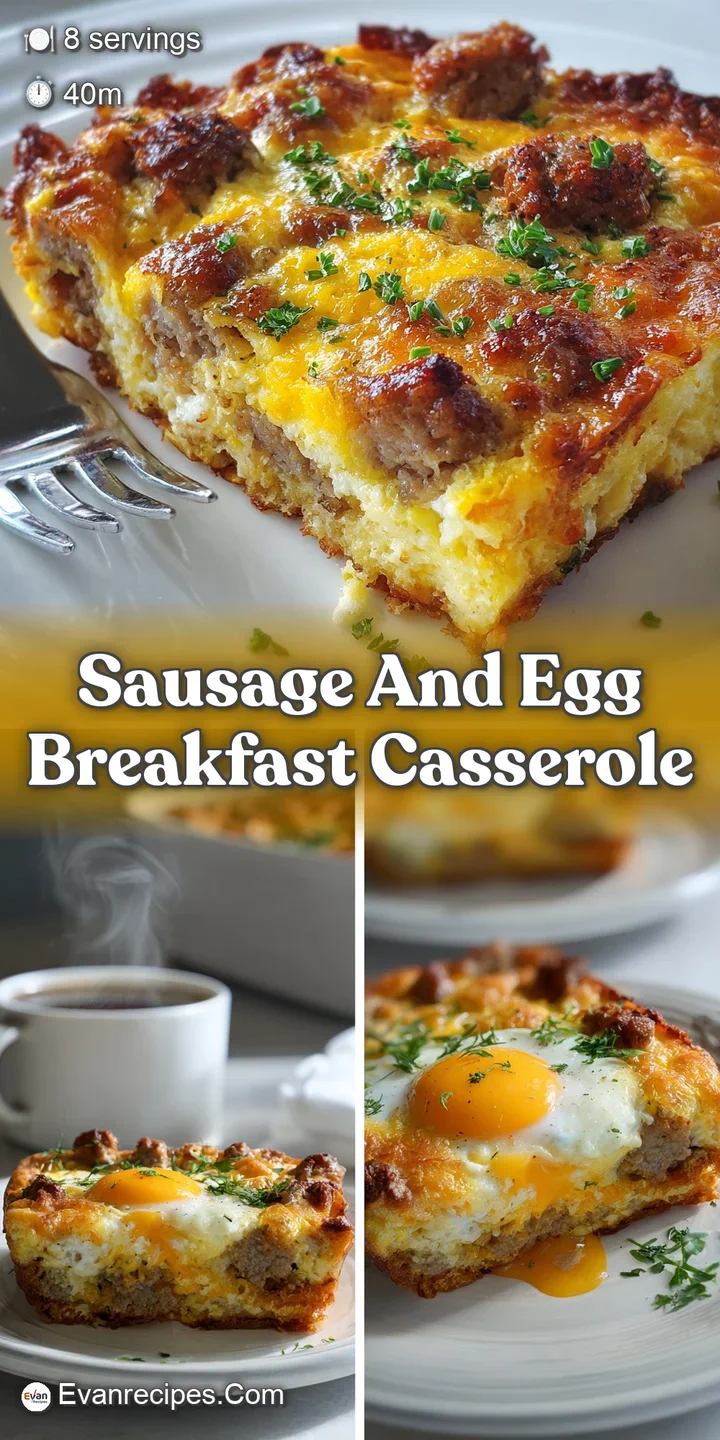 Close-up of a breakfast casserole featuring savory sausage, fluffy eggs, and gooey, melted cheese with a golden crust.