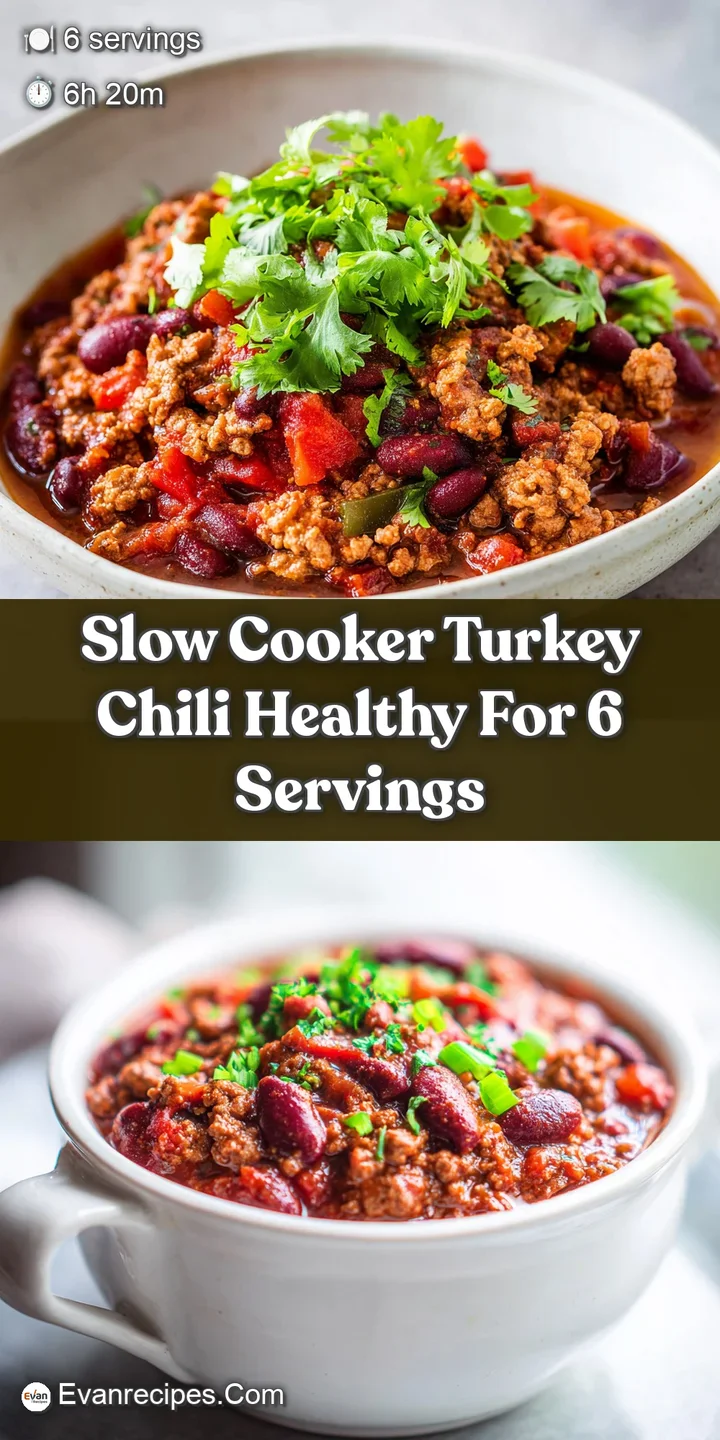 Up-close shot reveals the rich texture of slow-cooked turkey chili, with chunks of tender turkey, soft beans, and colorful...