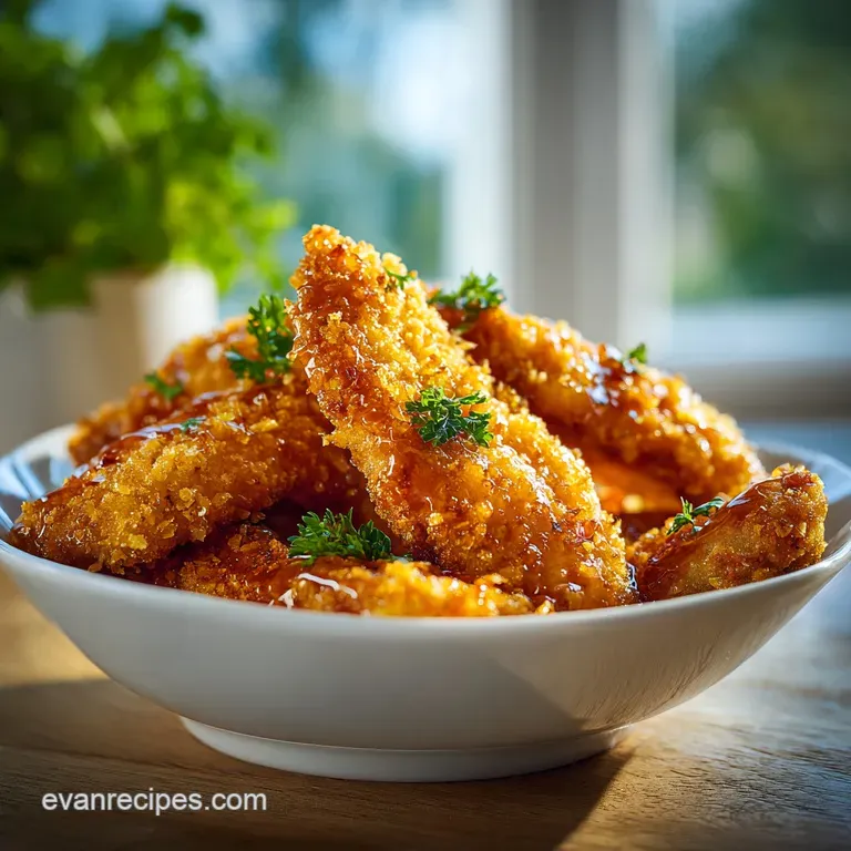 Golden-brown glazed chicken pieces arranged on a white platter, garnished with fresh parsley and lemon wedges.