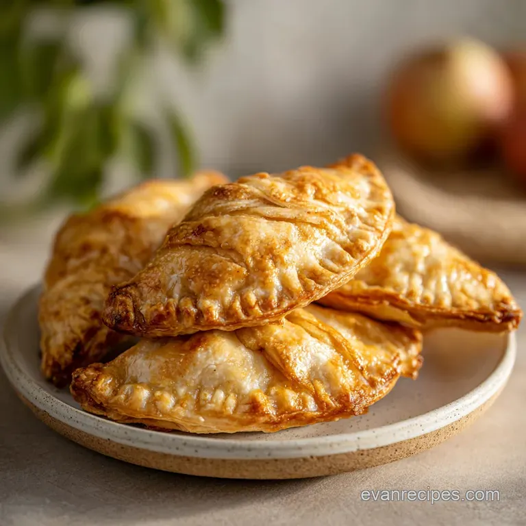 Single, perfectly browned apple hand pie on a white plate, glistening with a light glaze; flaky crust details are sharp.