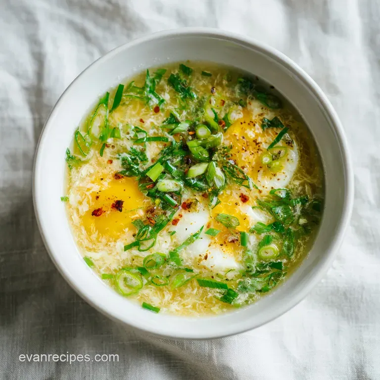 An artfully arranged bowl of translucent broth with delicate egg ribbons and vibrant green garnish.