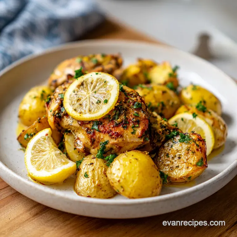 A plate of tender lemon chicken and fluffy potatoes, brightened with a lemon wedge and a sprinkle of fresh parsley.