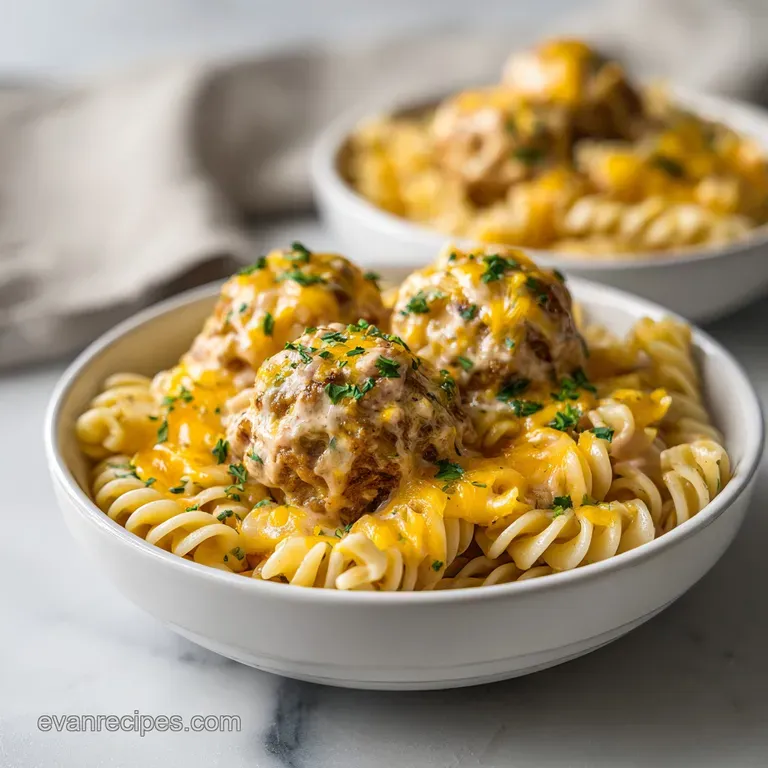 Glistening meatballs and spiraled pasta topped with fresh green parsley on a clean, matte white ceramic plate.