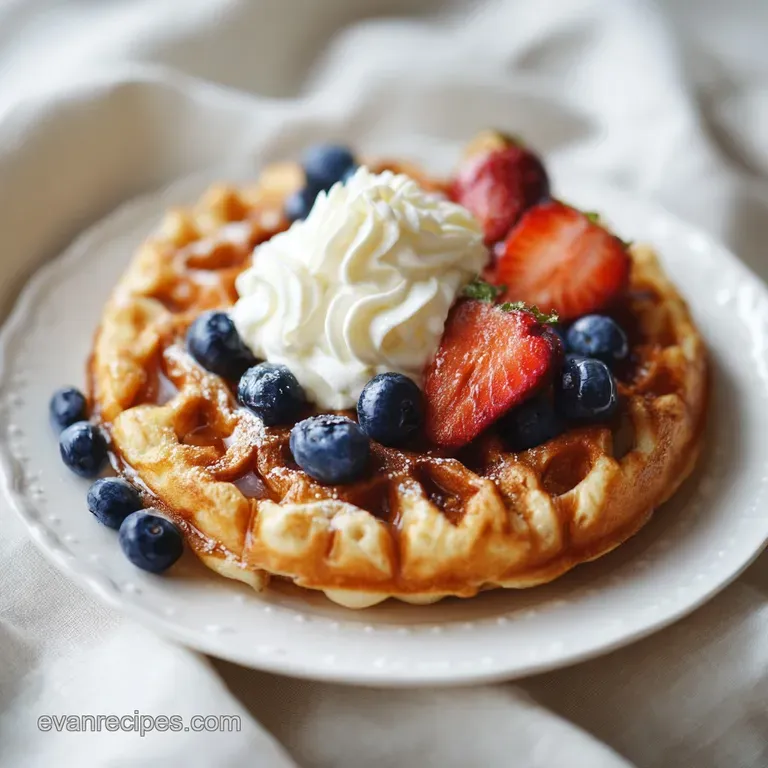 Stack of golden, fluffy waffles topped with berries and a dusting of powdered sugar. Elegant, white plate. Perfect weekend...