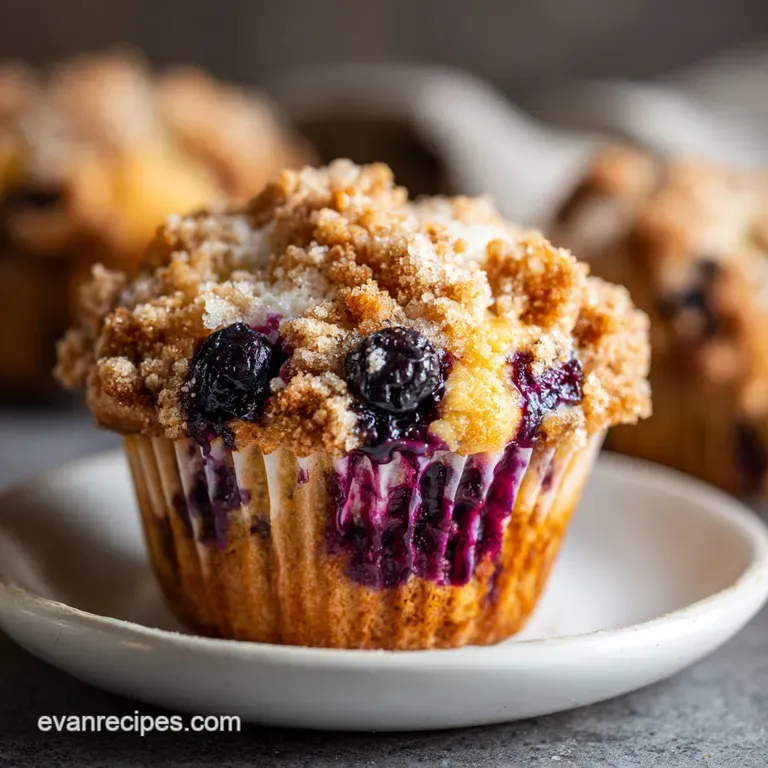 A rustic plate displays a single blueberry muffin; bursting with juicy blueberries, the crumb topping adds a delightful te...