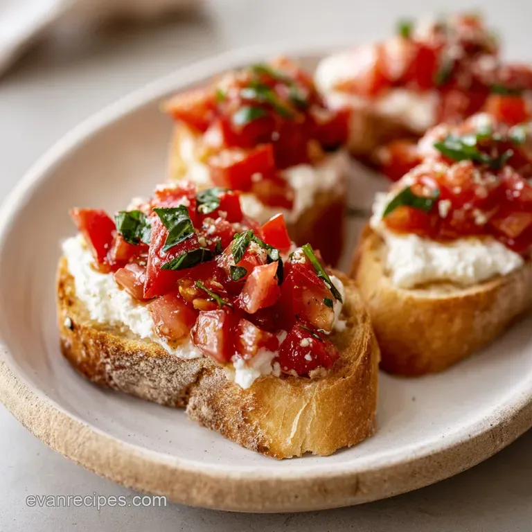 Elegant plate of bruschetta: golden toast, creamy mozzarella, vibrant red tomatoes, and emerald basil leaves drizzled with...
