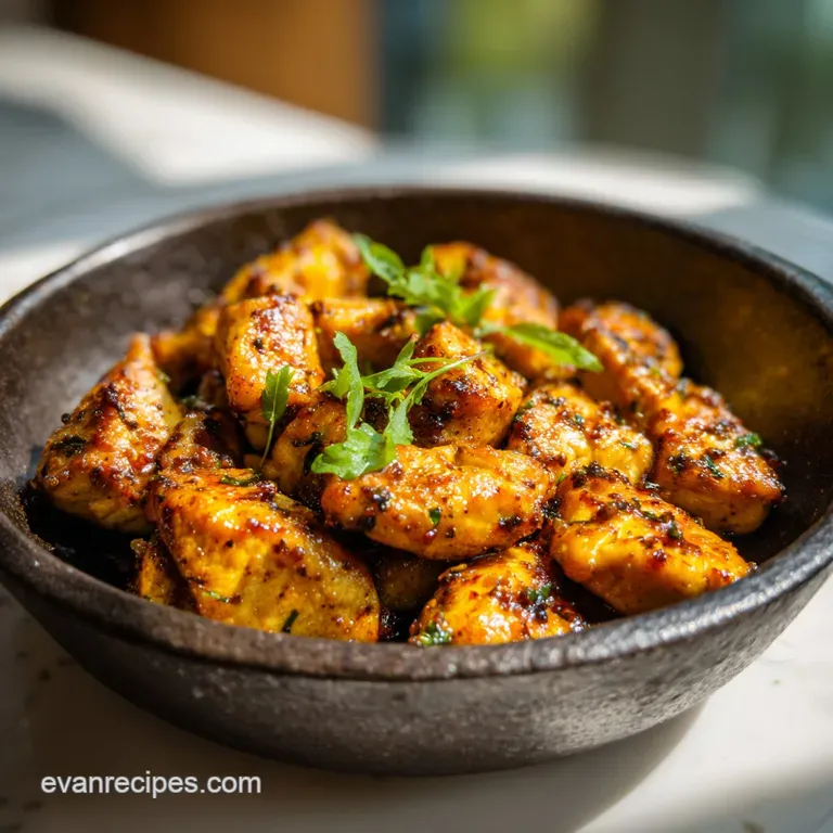 Elegant white bowl of creamy orange chicken curry served with fluffy white rice and a side of toasted garlic naan.