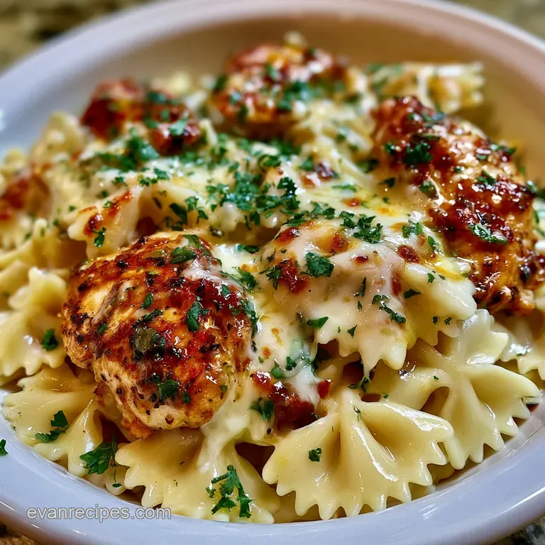 A white ceramic bowl filled with creamy pasta, topped with fresh parsley and a dusting of parmesan cheese.