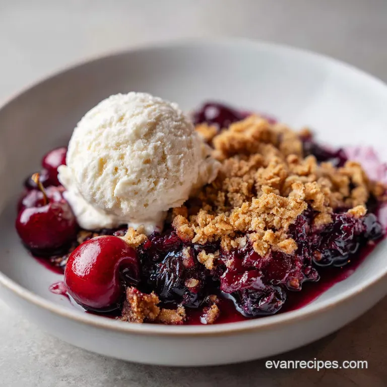 Warm cherry crisp in a rustic bowl, topped with a scoop of melting vanilla ice cream and a sprig of fresh mint.