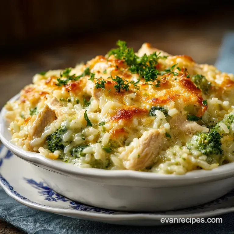 Individual serving of chicken casserole: Steaming, creamy sauce, tender broccoli, and chicken pieces visible, garnished wi...