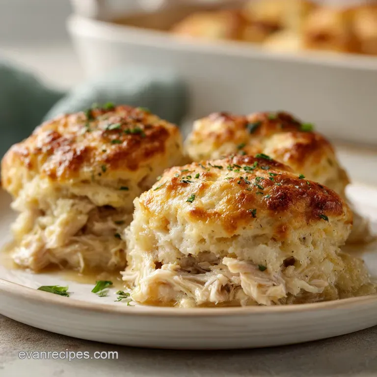 Golden-brown baked biscuit dollops atop a creamy chicken mixture in a white ceramic dish with fresh parsley.