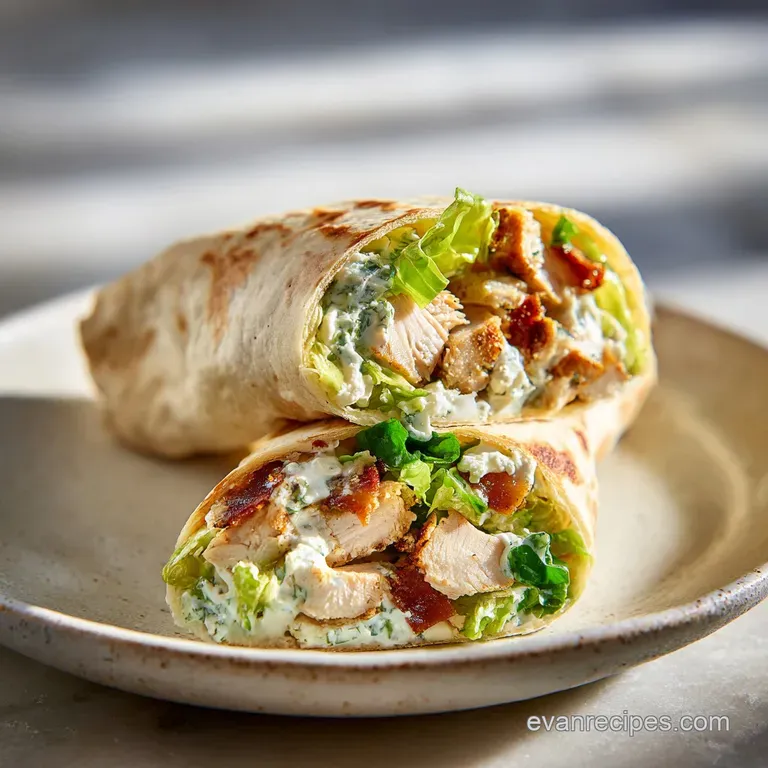 Halved chicken Caesar wrap on a white plate. Creamy dressing coats the chicken and lettuce, with a sprinkle of black pepper.