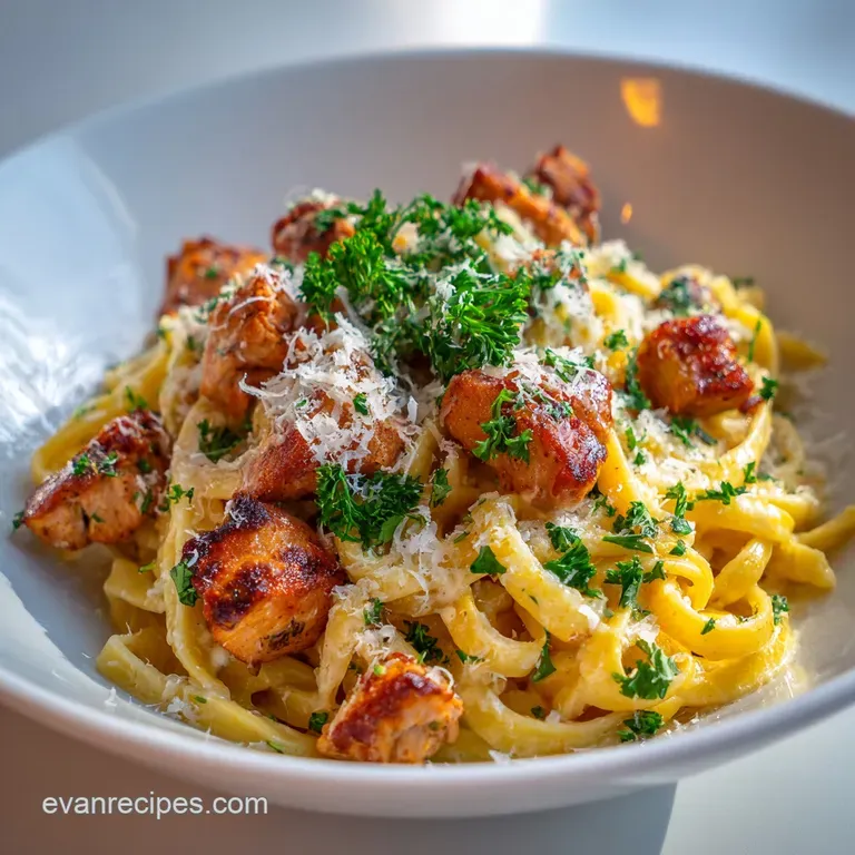 Creamy macaroni and crispy breaded chicken topped with melted cheese and a fresh basil leaf on a white ceramic plate.
