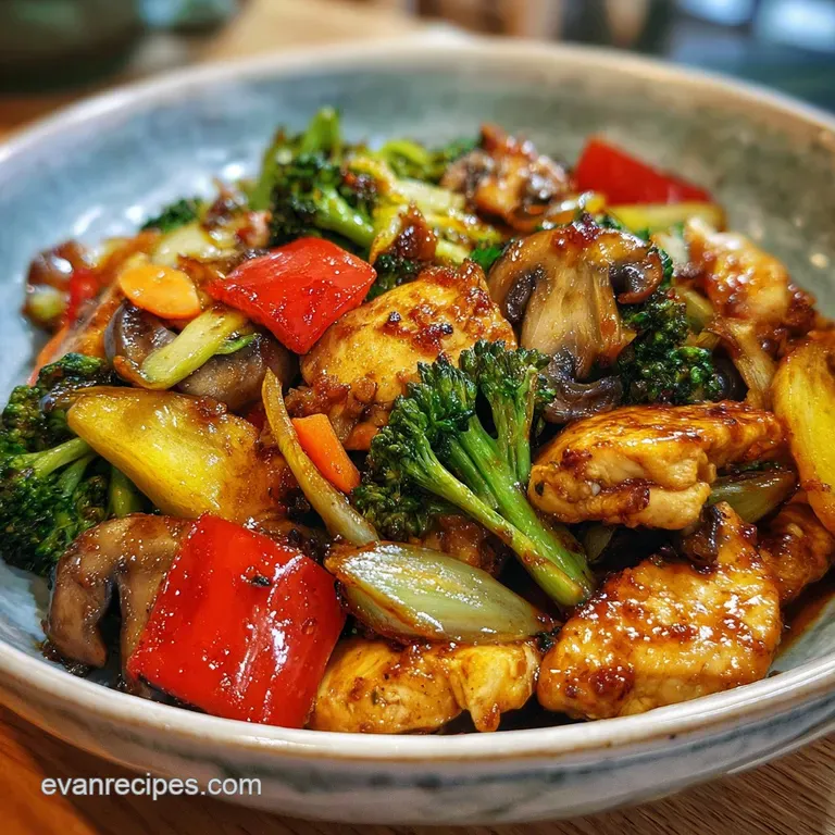 Bright stir-fried chicken and veggies artfully arranged on a white plate, garnished with sesame seeds and scallions. Ready...