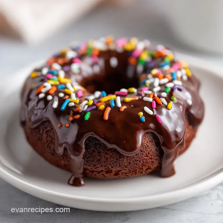 Single chocolate donut with a glossy glaze on a white plate, tempting and ready to eat.
