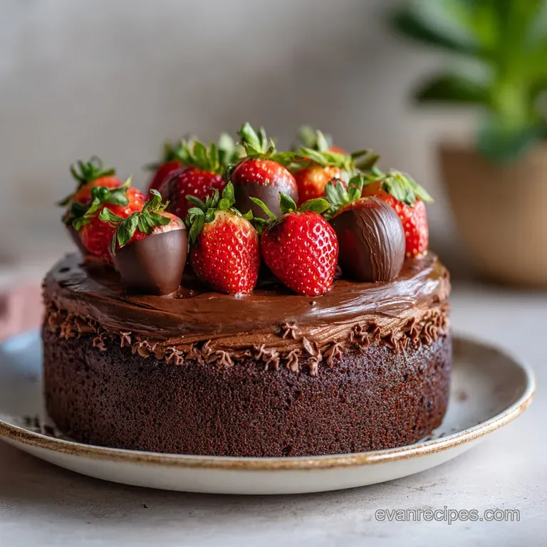 Slice of dark chocolate cake with fresh chocolate strawberries, powdered sugar dusting. Elegant dessert plating, inviting ...