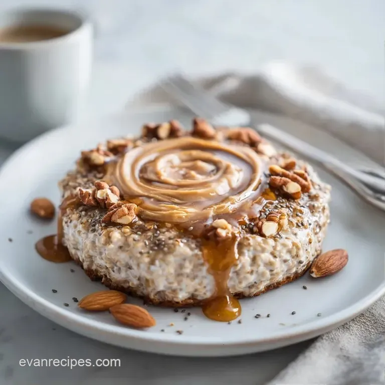 Smooth porridge topped with a swirl of honey, toasted almonds, and a cinnamon stick on a white ceramic plate.