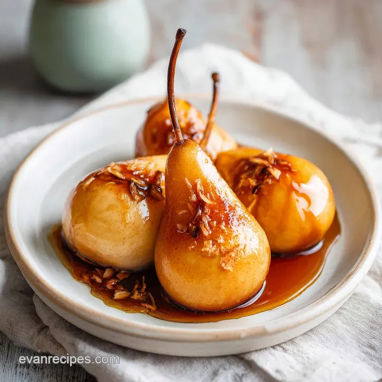 Elegant dessert: Warm baked pear, drizzled with honey and sprinkled with cinnamon, rests on a white plate, inviting and co...