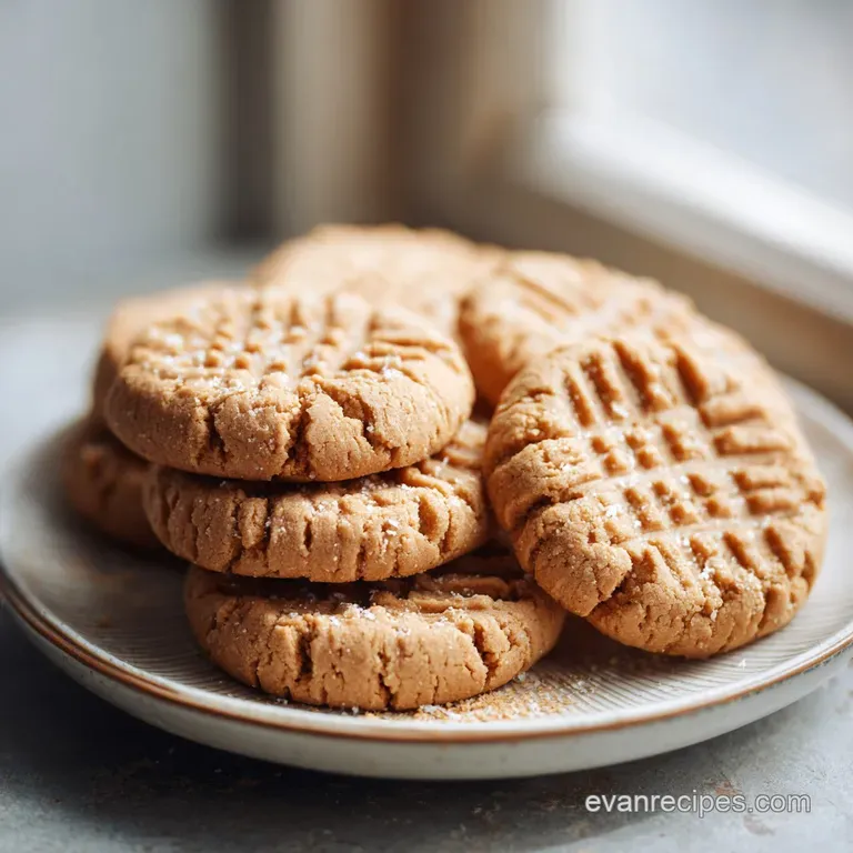 Stack of chewy peanut butter cookies, dusted with sugar, presented on a rustic ceramic plate.