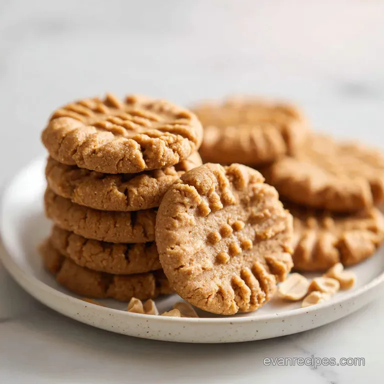 A stack of three perfectly round, crisp-edged peanut butter cookies dusted with sugar.