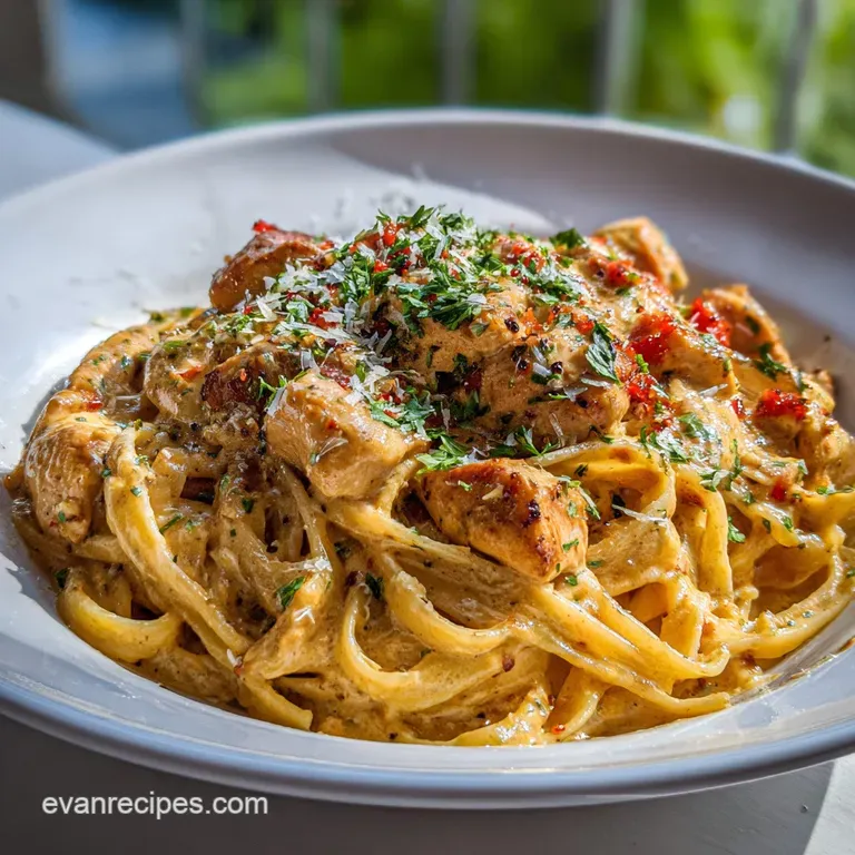 A swirl of creamy pasta with juicy Cajun chicken, topped with fresh parsley, elegantly plated for a delicious dinner.