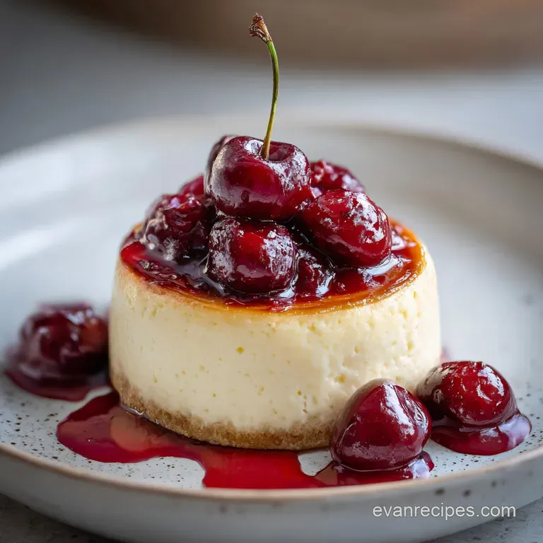 Slice of cherry cheesecake on a white plate, revealing a creamy, ivory filling and ruby-red cherry topping; dusted with po...