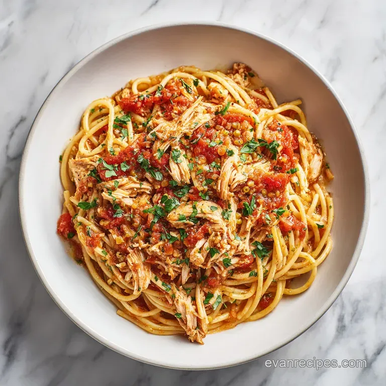 A fork twirls creamy spaghetti from an elegant white bowl, revealing tender chicken pieces.