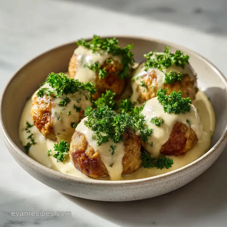 Three seared meat spheres nestled in a swirl of ivory cream sauce on a matte black plate with a sprig of parsley.