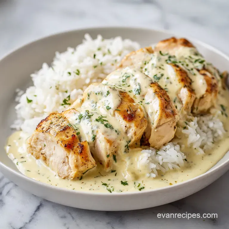 Plated golden chicken drenched in a velvety cream sauce on a mound of rice, garnished with a sprig of fresh parsley.