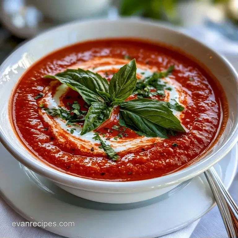 Smooth orange-red soup in a ceramic bowl with a side of toasted sourdough and a sprig of fresh green herbs.