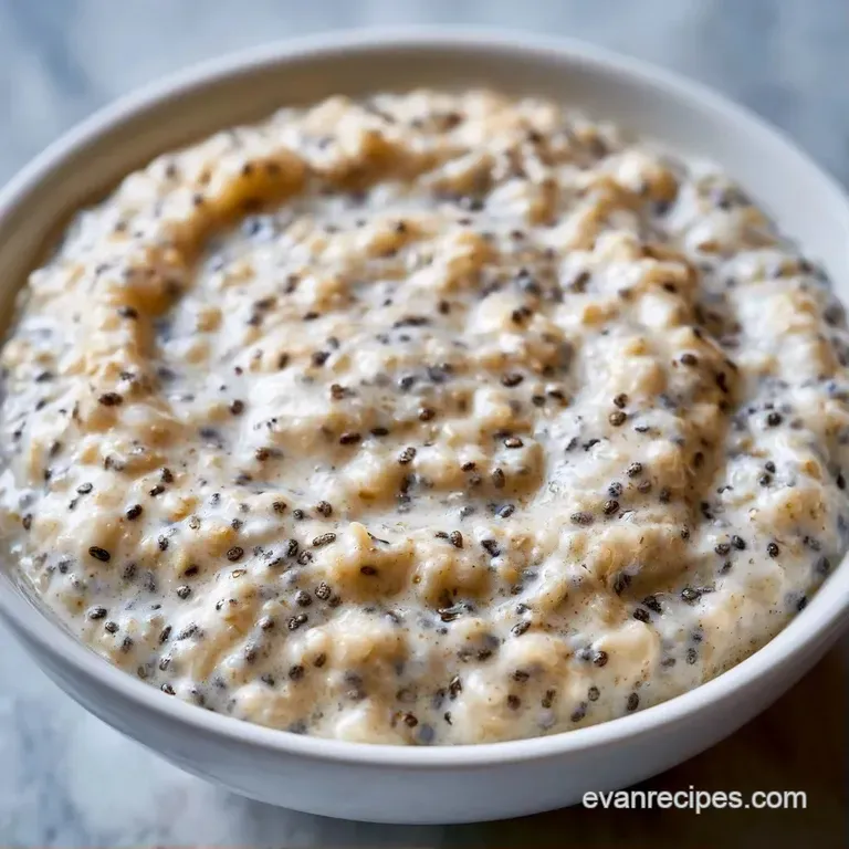 Thick creamy oats and tiny black seeds in a glass jar, garnished with a mint sprig and a swirl of golden honey.