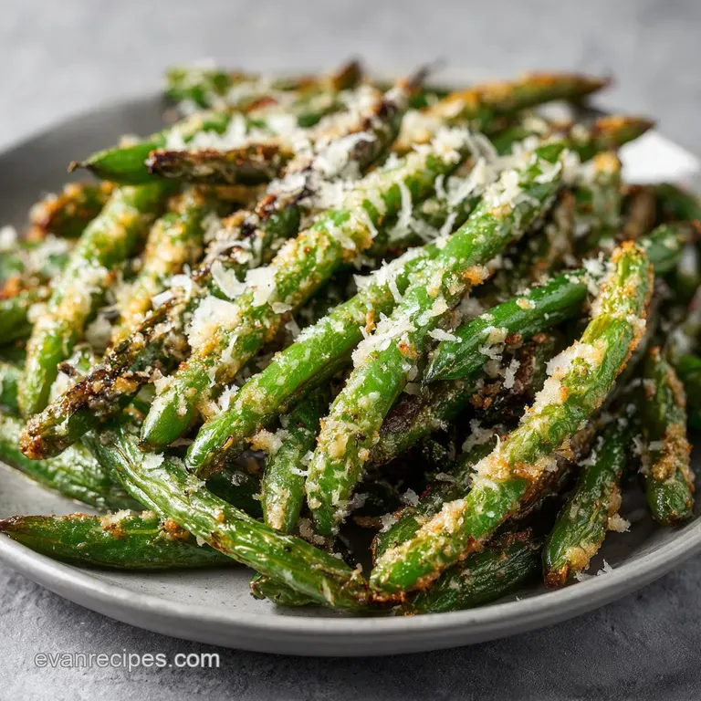 A neat pile of perfectly crisp, bright green beans dusted with savory Parmesan, ready to serve.